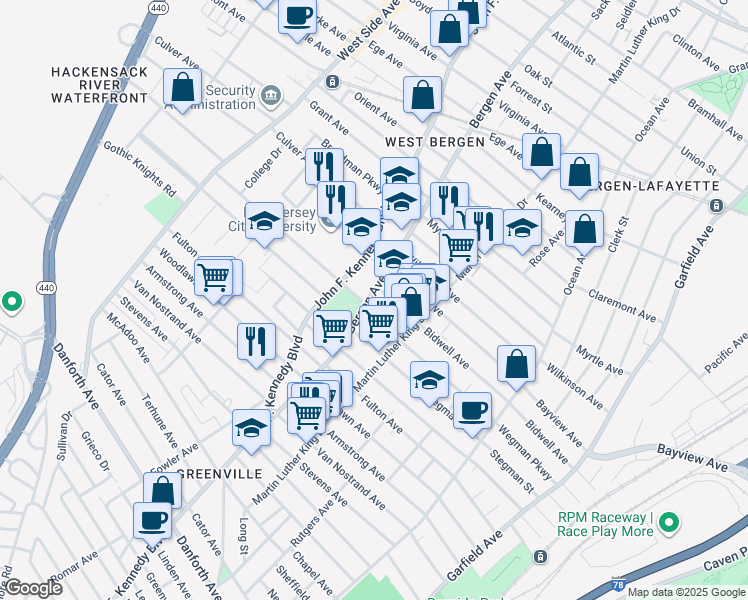 map of restaurants, bars, coffee shops, grocery stores, and more near 18 Audubon Avenue in Jersey City