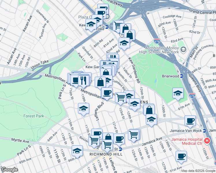 map of restaurants, bars, coffee shops, grocery stores, and more near 84-1 Abingdon Road in Queens