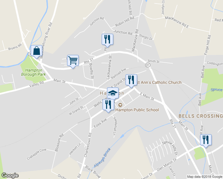 map of restaurants, bars, coffee shops, grocery stores, and more near 58 Main Street in Hampton