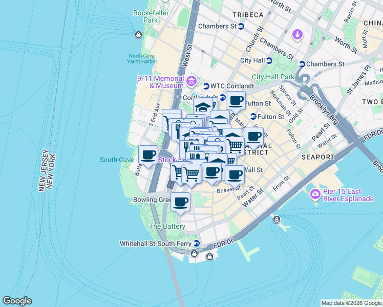 map of restaurants, bars, coffee shops, grocery stores, and more near 42 Trinity Place in New York