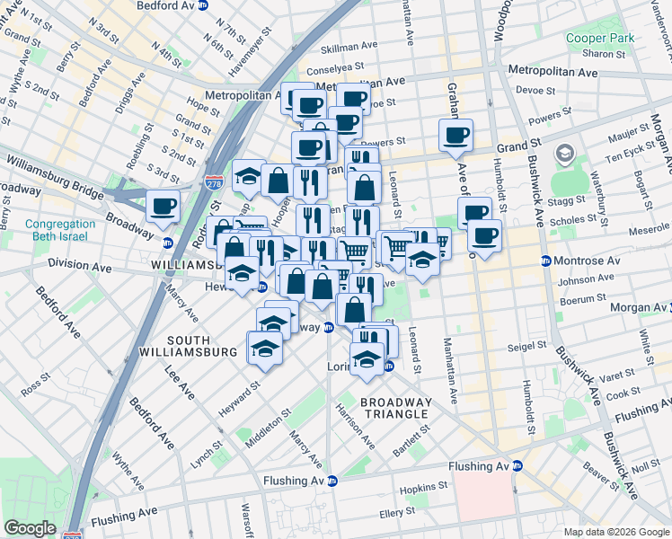 map of restaurants, bars, coffee shops, grocery stores, and more near 13 Meserole Street in Brooklyn