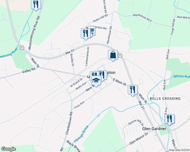 map of restaurants, bars, coffee shops, grocery stores, and more near 49 Main Street in Hampton