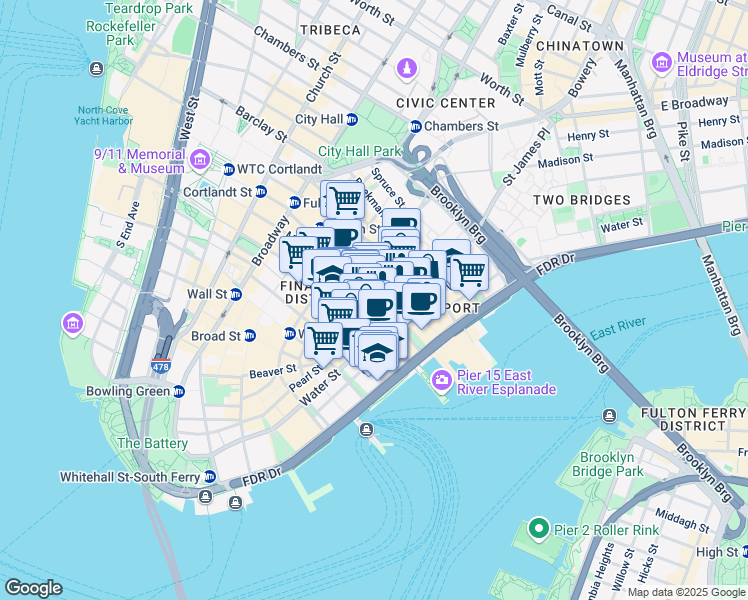 map of restaurants, bars, coffee shops, grocery stores, and more near 135 John Street in New York