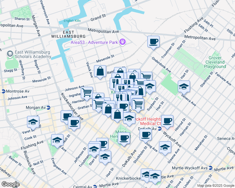 map of restaurants, bars, coffee shops, grocery stores, and more near 1210 Flushing Avenue in Brooklyn