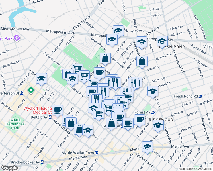 map of restaurants, bars, coffee shops, grocery stores, and more near Greene Ave & Woodward Ave in Queens