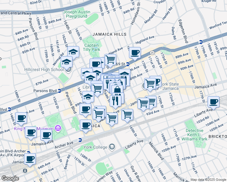 map of restaurants, bars, coffee shops, grocery stores, and more near 89-09 165th Street in Queens