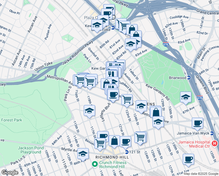 map of restaurants, bars, coffee shops, grocery stores, and more near 119-07 Metropolitan Avenue in Queens