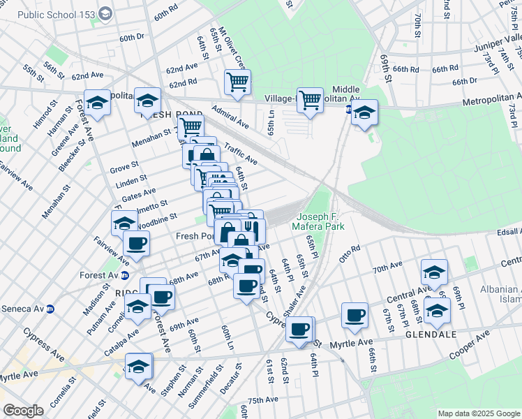 map of restaurants, bars, coffee shops, grocery stores, and more near 64-14 Madison Street in Queens