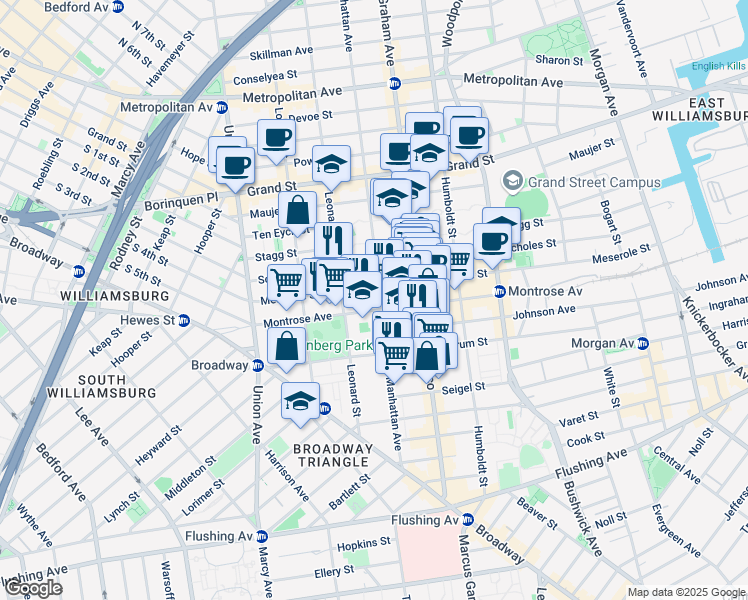 map of restaurants, bars, coffee shops, grocery stores, and more near 108 Montrose Avenue in Brooklyn