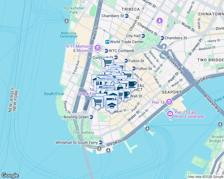 map of restaurants, bars, coffee shops, grocery stores, and more near 10 Wall Street in New York