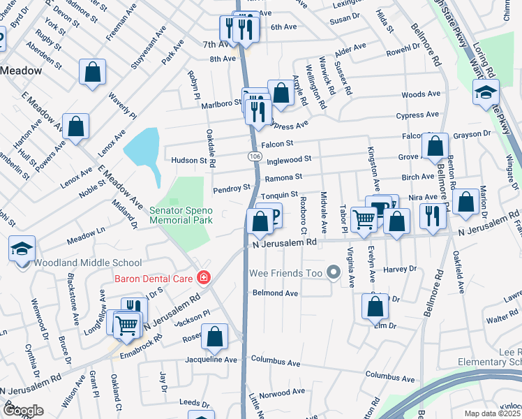 map of restaurants, bars, coffee shops, grocery stores, and more near 651 Newbridge Road in East Meadow