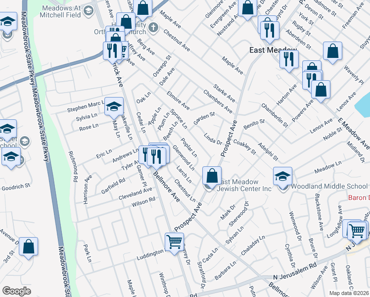 map of restaurants, bars, coffee shops, grocery stores, and more near 510 Poplar Lane in East Meadow