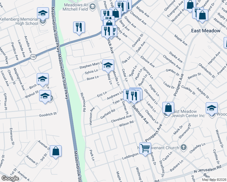 map of restaurants, bars, coffee shops, grocery stores, and more near 1516 Andrews Lane in East Meadow