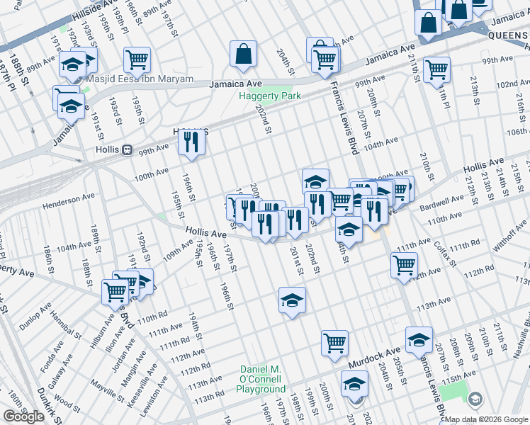 map of restaurants, bars, coffee shops, grocery stores, and more near 10906 200th Street in Queens
