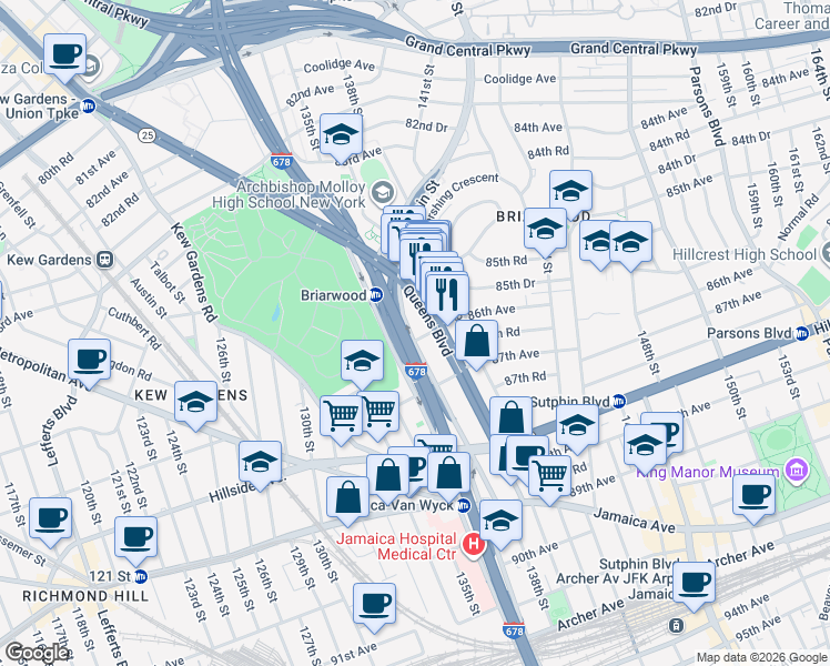 map of restaurants, bars, coffee shops, grocery stores, and more near 138-50 Queens Boulevard in Queens