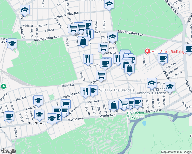 map of restaurants, bars, coffee shops, grocery stores, and more near 75-09 Cooper Avenue in Queens