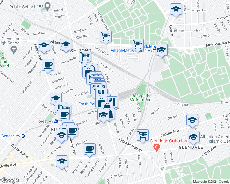 map of restaurants, bars, coffee shops, grocery stores, and more near 64-14 Madison Street in Queens