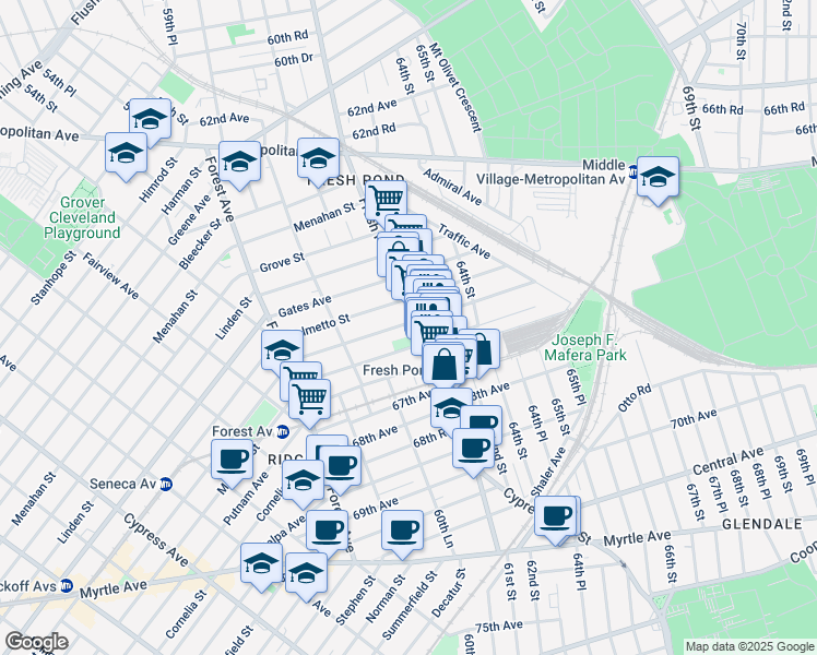 map of restaurants, bars, coffee shops, grocery stores, and more near 66-62 Fresh Pond Road in Queens