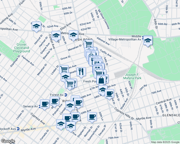 map of restaurants, bars, coffee shops, grocery stores, and more near 60-39 Madison Street in Queens