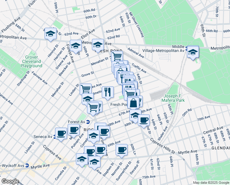 map of restaurants, bars, coffee shops, grocery stores, and more near 60-39 Madison Street in Queens