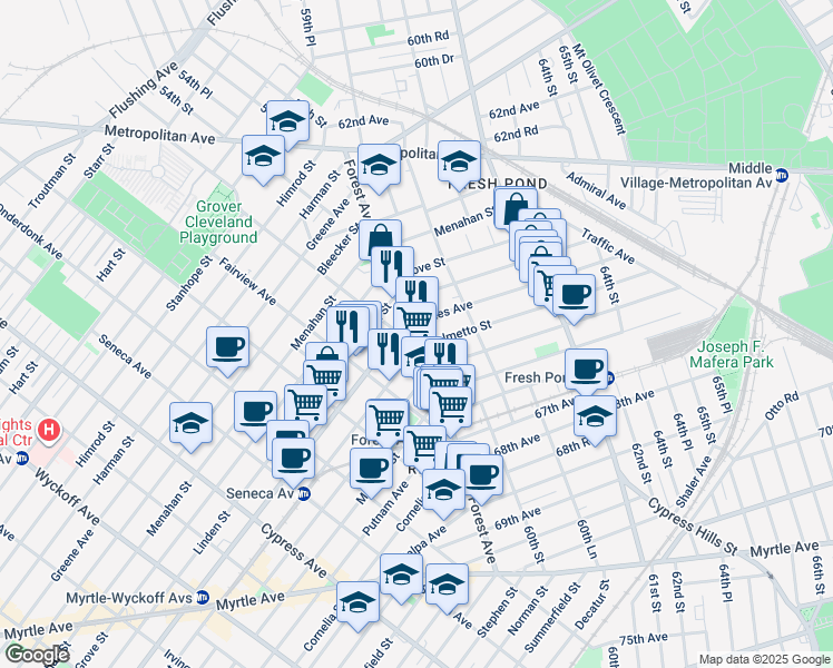 map of restaurants, bars, coffee shops, grocery stores, and more near in Queens