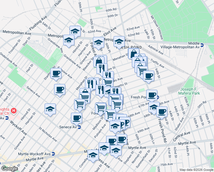 map of restaurants, bars, coffee shops, grocery stores, and more near in Queens