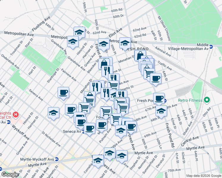 map of restaurants, bars, coffee shops, grocery stores, and more near in Queens