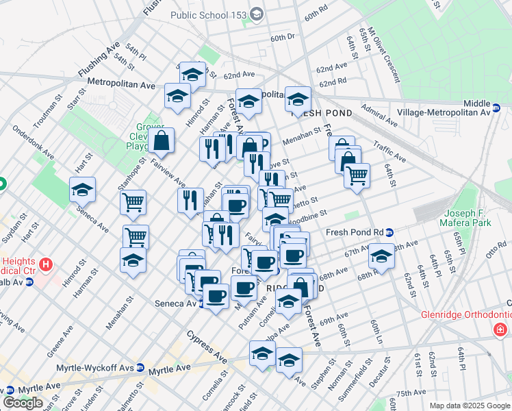 map of restaurants, bars, coffee shops, grocery stores, and more near 20-41 Gates Avenue in Queens