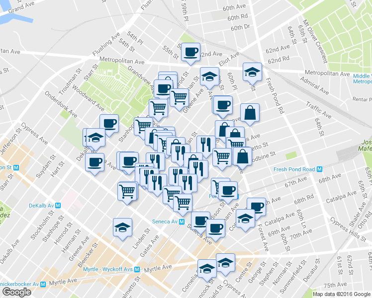 map of restaurants, bars, coffee shops, grocery stores, and more near 2 Saint Johns Road in Queens