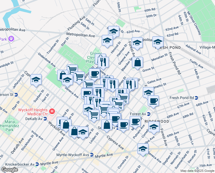 map of restaurants, bars, coffee shops, grocery stores, and more near 5-16 Woodward Avenue in Queens