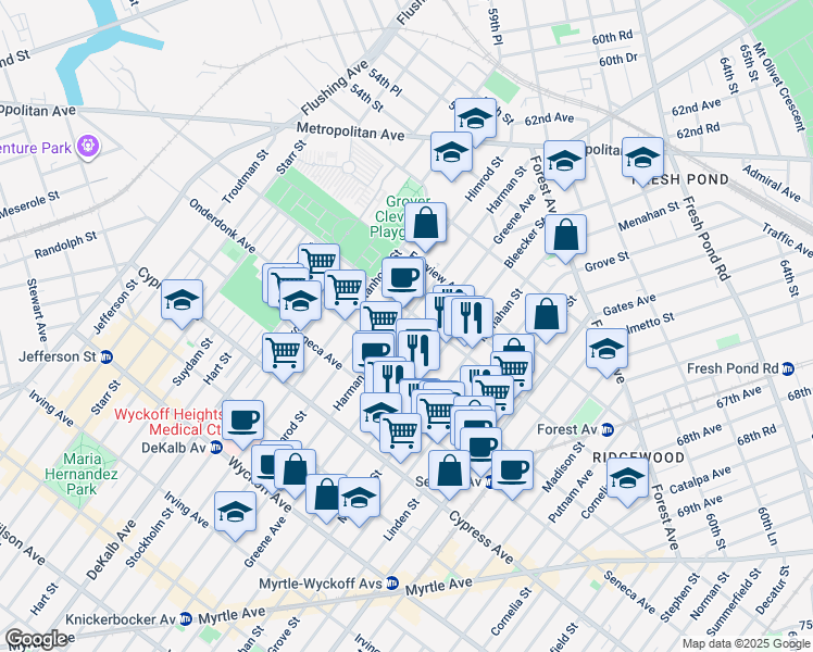 map of restaurants, bars, coffee shops, grocery stores, and more near 18-67 Greene Avenue in Queens