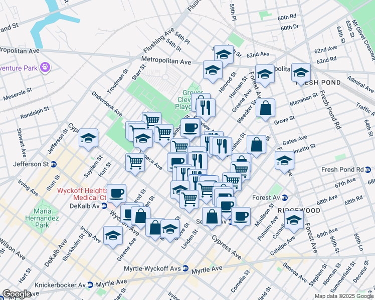 map of restaurants, bars, coffee shops, grocery stores, and more near 18-67 Greene Avenue in Queens