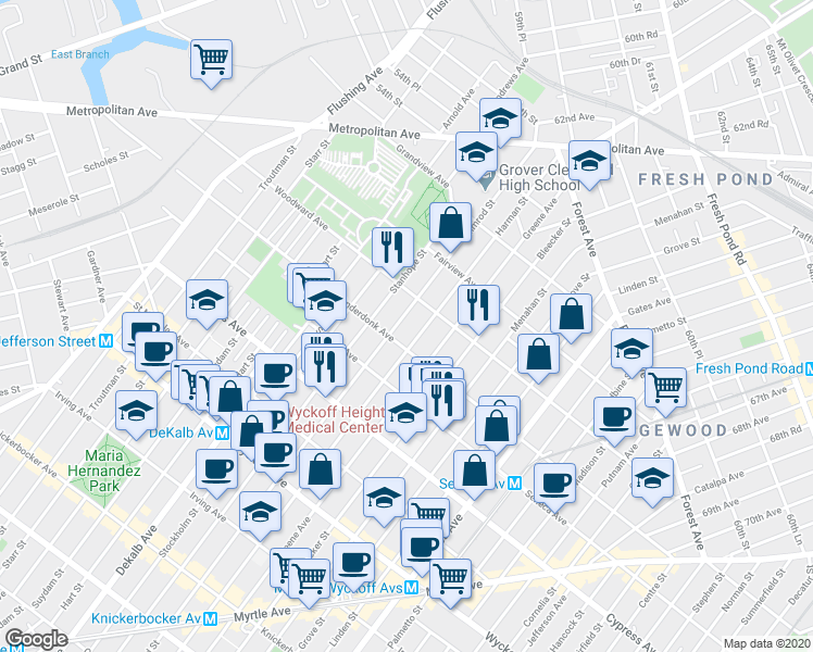 map of restaurants, bars, coffee shops, grocery stores, and more near 456 Onderdonk Avenue in Queens