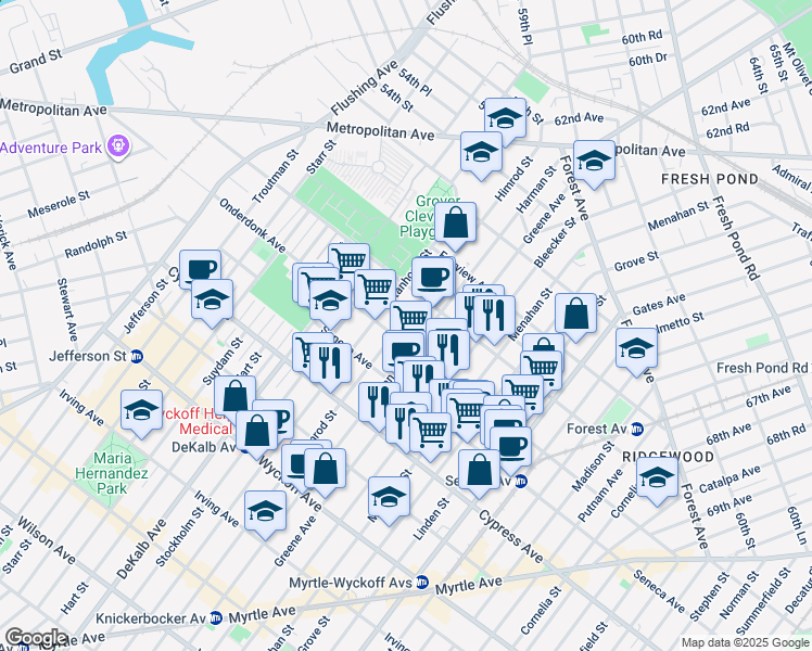map of restaurants, bars, coffee shops, grocery stores, and more near 456 Onderdonk Avenue in Queens