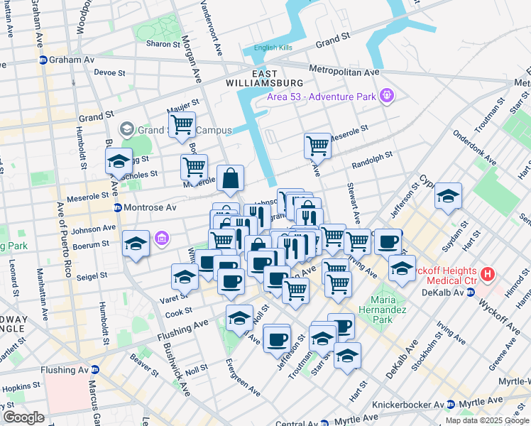 map of restaurants, bars, coffee shops, grocery stores, and more near 78-80 Ingraham Street in Brooklyn