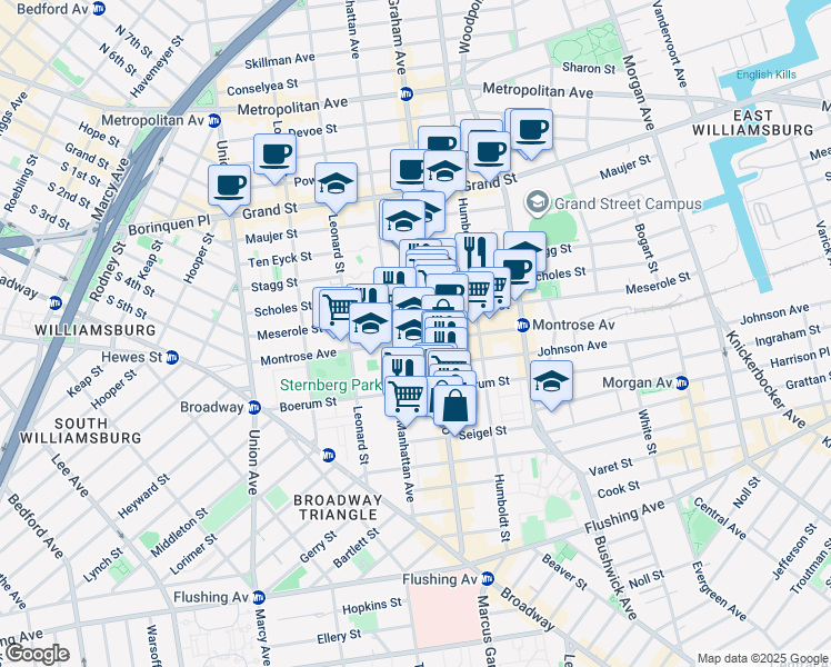 map of restaurants, bars, coffee shops, grocery stores, and more near 138 Montrose Avenue in Brooklyn