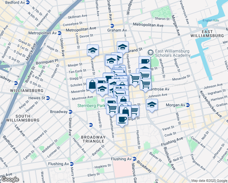 map of restaurants, bars, coffee shops, grocery stores, and more near 138 Montrose Avenue in Brooklyn
