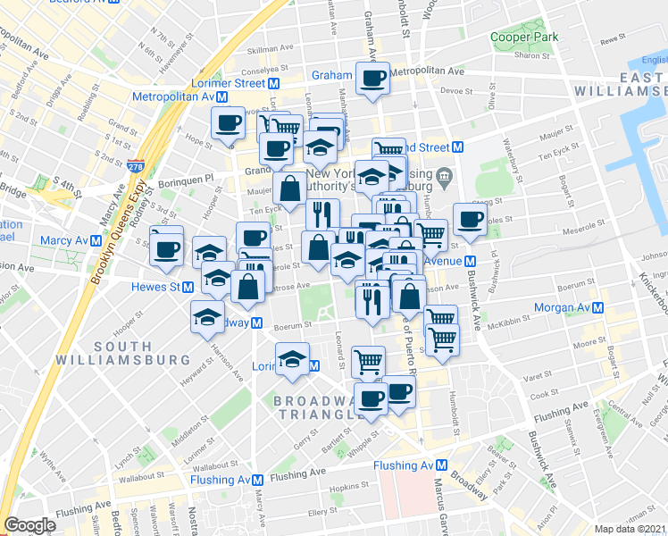 map of restaurants, bars, coffee shops, grocery stores, and more near 71 Montrose Avenue in Brooklyn