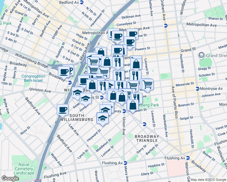 map of restaurants, bars, coffee shops, grocery stores, and more near 436 South 5th Street in Brooklyn