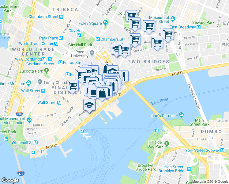 map of restaurants, bars, coffee shops, grocery stores, and more near 115 South Street in New York