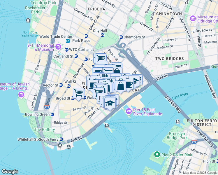 map of restaurants, bars, coffee shops, grocery stores, and more near 135 John Street in New York