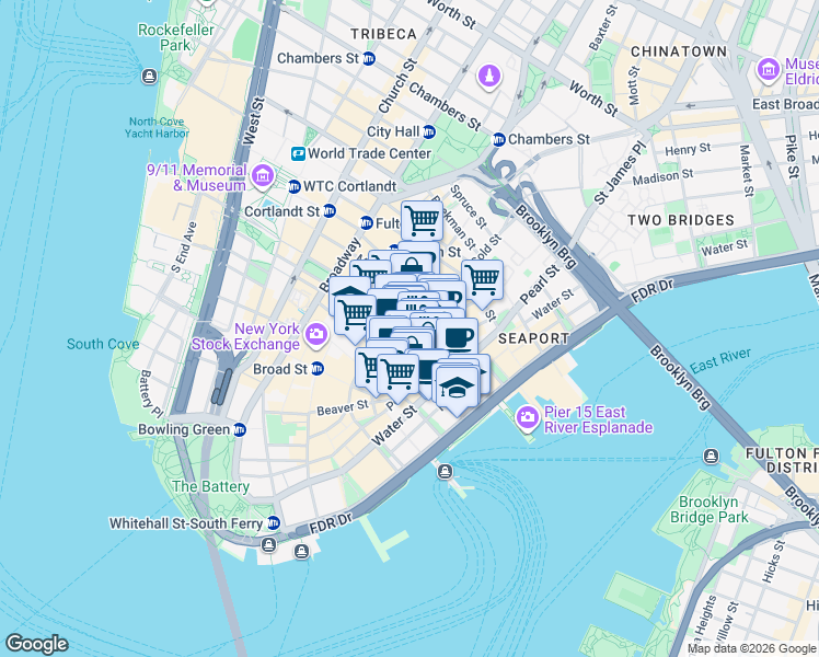 map of restaurants, bars, coffee shops, grocery stores, and more near 101 Maiden Lane in New York