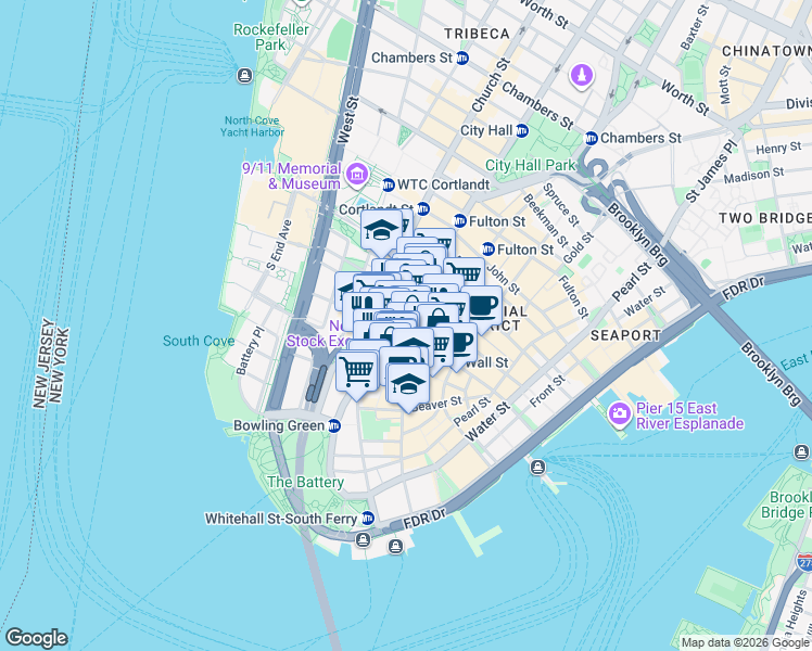 map of restaurants, bars, coffee shops, grocery stores, and more near 8 New Street in New York