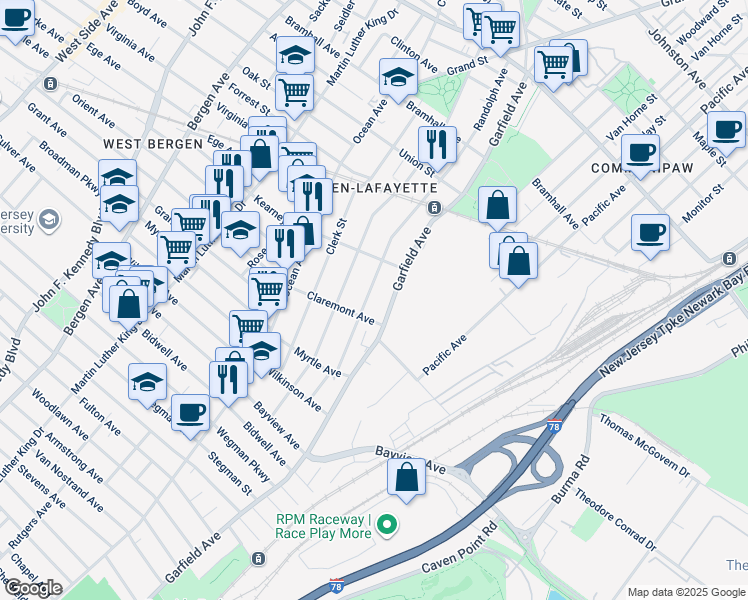 map of restaurants, bars, coffee shops, grocery stores, and more near 2 Claremont Avenue in Jersey City