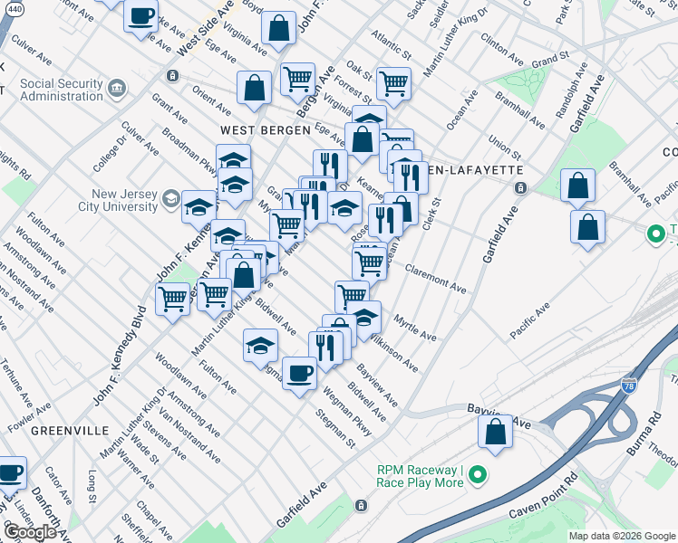 map of restaurants, bars, coffee shops, grocery stores, and more near 91 Myrtle Avenue in Jersey City