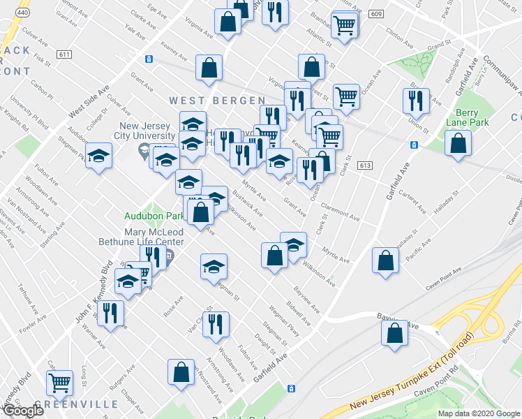 map of restaurants, bars, coffee shops, grocery stores, and more near 53 Bostwick Avenue in Jersey City