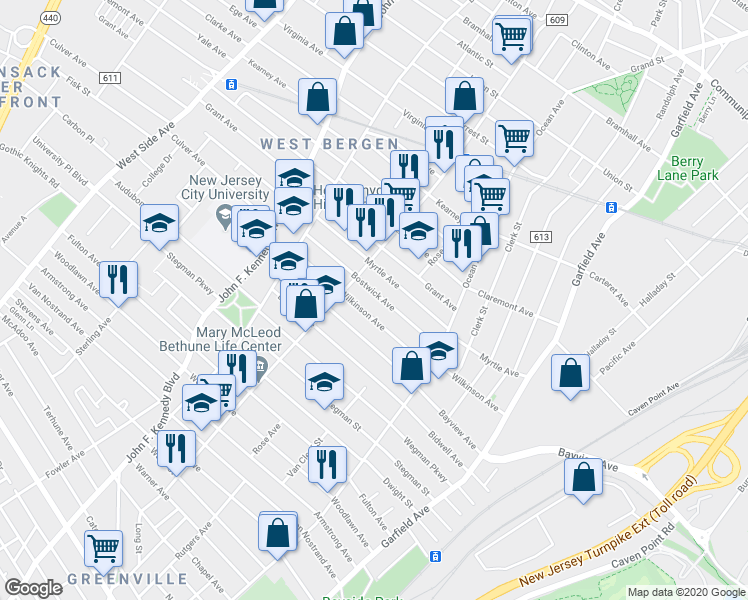 map of restaurants, bars, coffee shops, grocery stores, and more near 163 Wilkinson Avenue in Jersey City