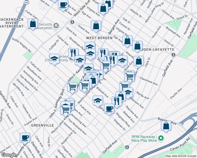 map of restaurants, bars, coffee shops, grocery stores, and more near 223 Martin Luther King Drive in Jersey City