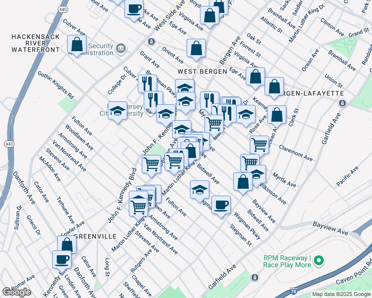 map of restaurants, bars, coffee shops, grocery stores, and more near 215 Bidwell Avenue in Jersey City
