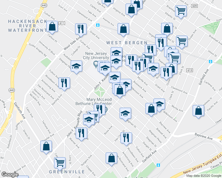 map of restaurants, bars, coffee shops, grocery stores, and more near 215 Bidwell Avenue in Jersey City